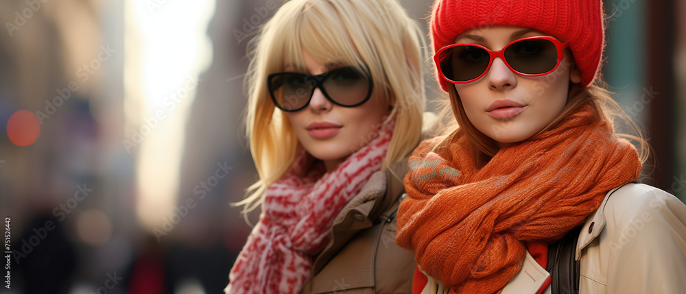 Bold sisters in shades and red hats. Two women exude confidence as they sport stylish sunglasses and vibrant red hats against a sunny backdrop Bold sisters in shades and red hats. Two women exude confidence as they sport stylish sunglasses and vibrant red hats against a sunny backdrop