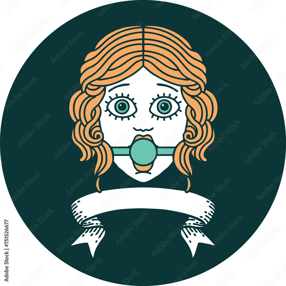 icon with banner of female face with ball gag icon with banner of female face with ball gag
