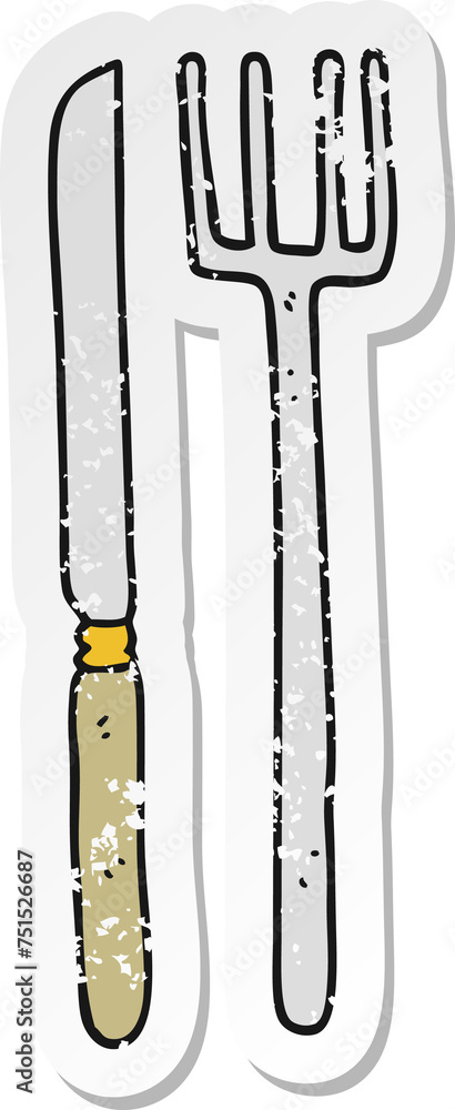 retro distressed sticker of a cartoon knife and fork retro distressed sticker of a cartoon knife and fork