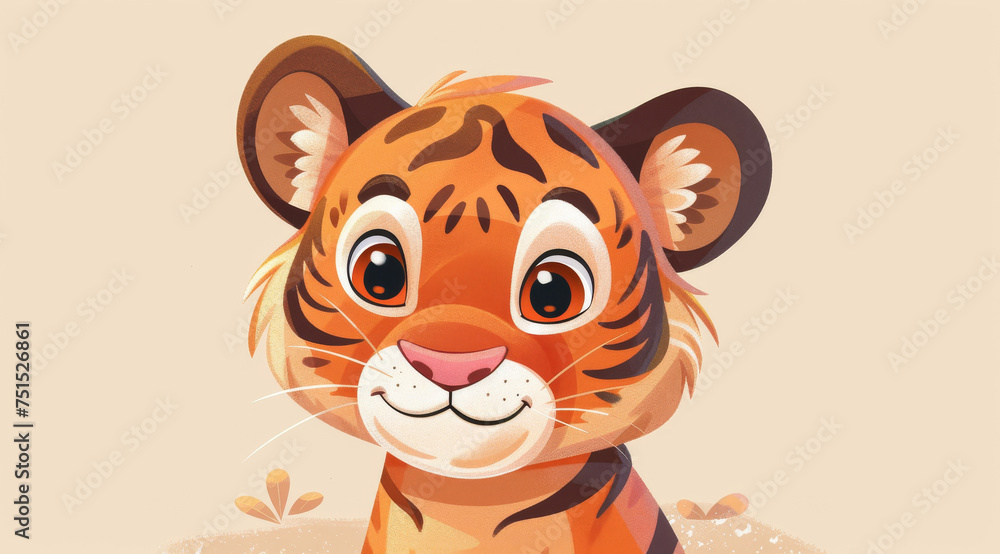 Fototapeta premium Tiger, illustration and digital art of an animal isolated on a background for poster, post card or printing. Cute, creative and drawing of a cartoon character for wallpaper, canvas and decoration