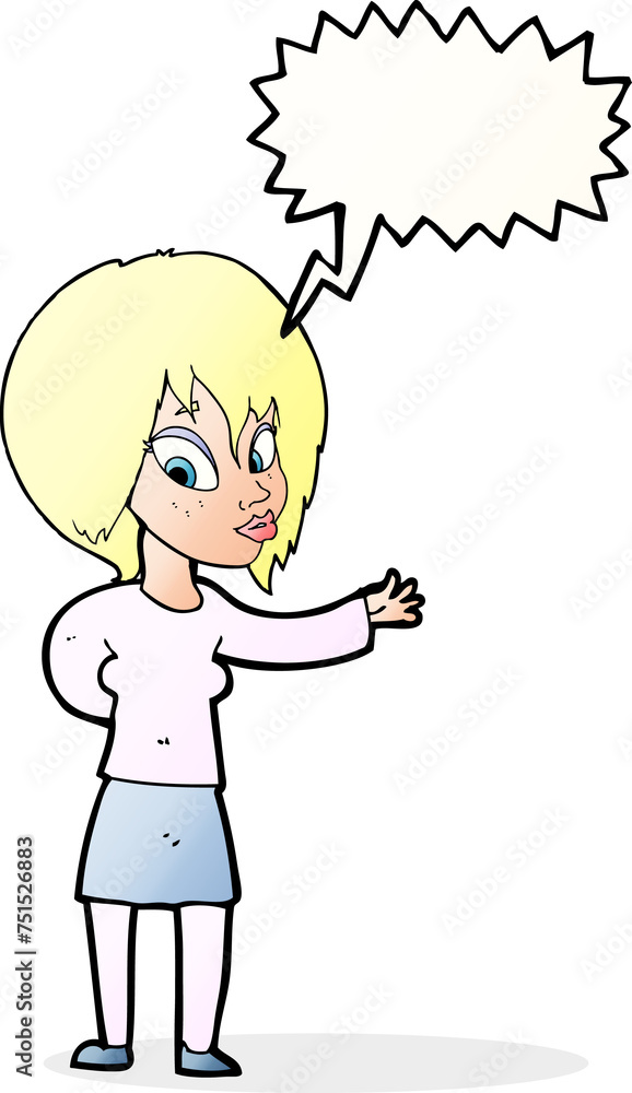 cartoon woman making welcome gesture with speech bubble cartoon woman making welcome gesture with speech bubble