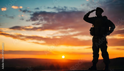 Soldier silhouette saluting against sunset sky. Symbolizes patriotism, honor, sacrifice. Ideal for army, military concepts. Caption space included © Your Hand Please
