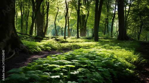 Beautiful forest, Green and Vibrant Forest with grass and tree