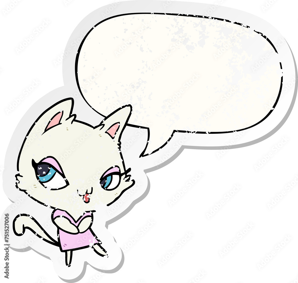 cute cartoon female cat and speech bubble distressed sticker cute cartoon female cat and speech bubble distressed sticker