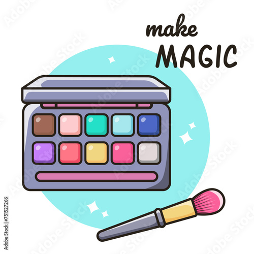 Set of decorative cosmetics. Eyeshadow palette and brush. Packaging for cosmetic products. Vector illustration in flat style