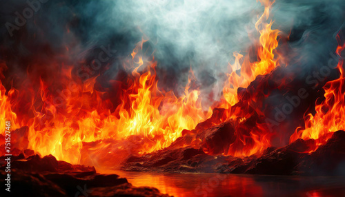 Fiery inferno background with vivid flames engulfing darkness, evoking hellish ambiance © Your Hand Please