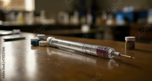  A syringe with a needle on a wooden table photo