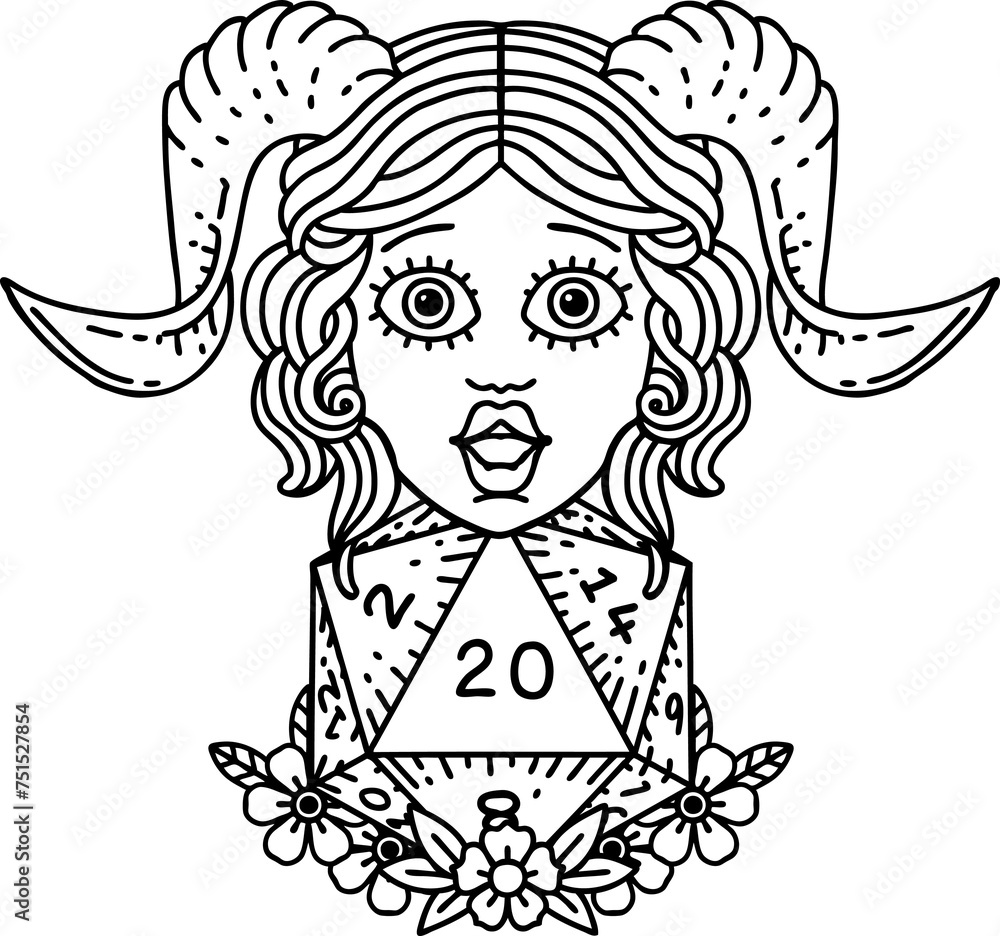 tiefling with D20 natural twenty dice roll illustration tiefling with D20 natural twenty dice roll illustration