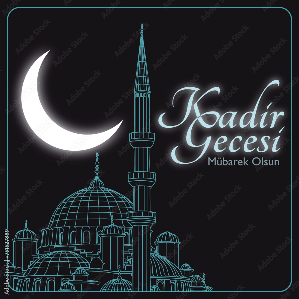 Kadir Gecesi or laylat al-qadr concept illustration. Mosque and crescent moon. Happy 27th night of the Ramadan text in image.