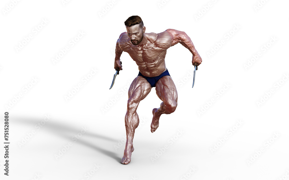 3d Illustration of Shirtless guy in blue panties showing his muscular body and hold twin dagger. Bodybuilder man. 3d Illustration of Shirtless guy in blue panties showing his muscular body and hold twin dagger. Bodybuilder man.