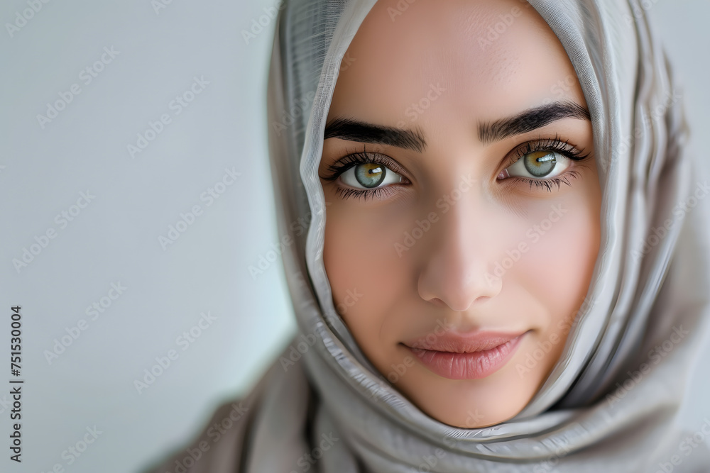 Closeup portrait of beautiful Arabic Female in Hijab, isolated on light background Closeup portrait of beautiful Arabic Female in Hijab, isolated on light background