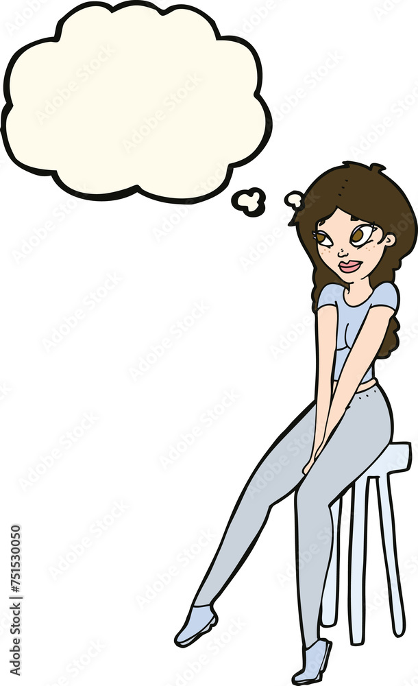 cartoon pretty girl on stool with thought bubble cartoon pretty girl on stool with thought bubble