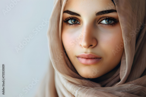 Closeup portrait of beautiful Arabic Female in Hijab, isolated on light background