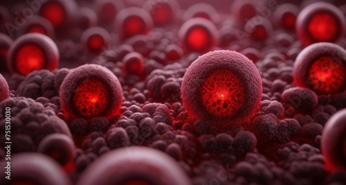  Close-up of glowing red cells in a cluster, possibly bacteria or viruses, with a dark background © vivekFx