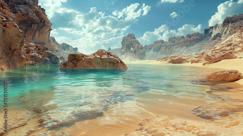 Arid ocean in a desert landscape where water meets sand