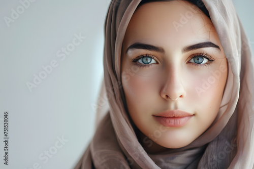 Closeup portrait of beautiful Arabic Female in Hijab, isolated on light background