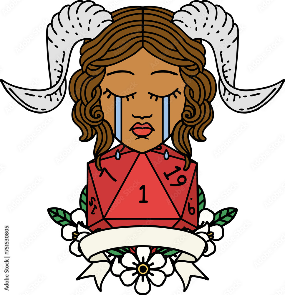 crying tiefling with natural one D20 dice roll illustration crying tiefling with natural one D20 dice roll illustration