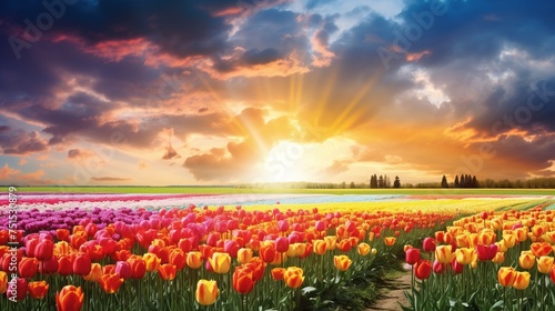 Blooming pink tulips with sunset and clouds over a field