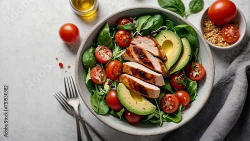 Grilled chicken meat and fresh vegetable salad of tomato, avocado, lettuce, and spinach. Healthy and detox food concept. Ketogenic diet. Buddha bowl dish on a white background