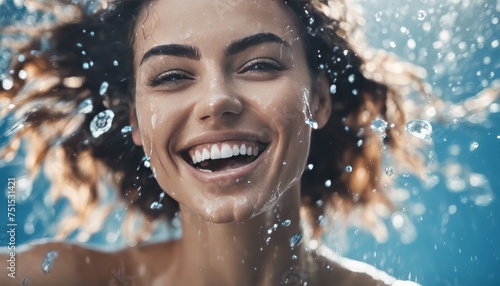 Beautiful Model Woman with splashes of water in her hands. Beautiful Smiling girl under splash of water © Adi