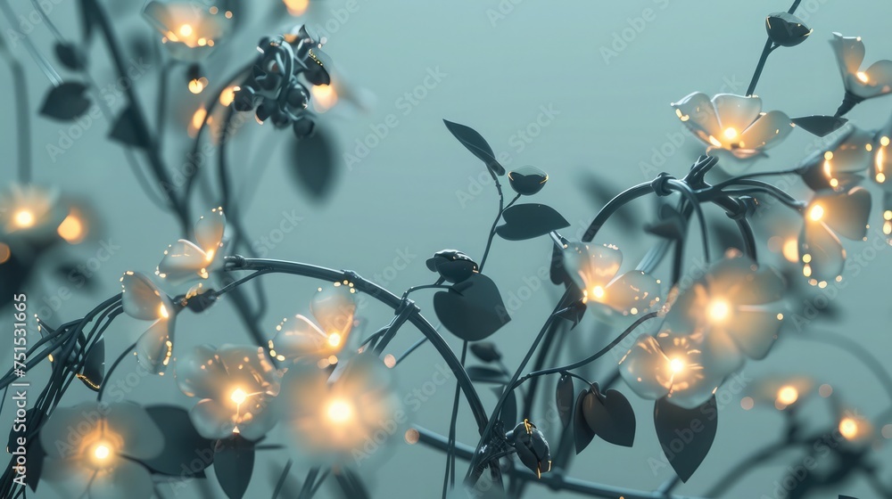 Futuristic flora: metallic vines and LED blossoms glow in a soft morning aura, Apple-style. Robotic plants