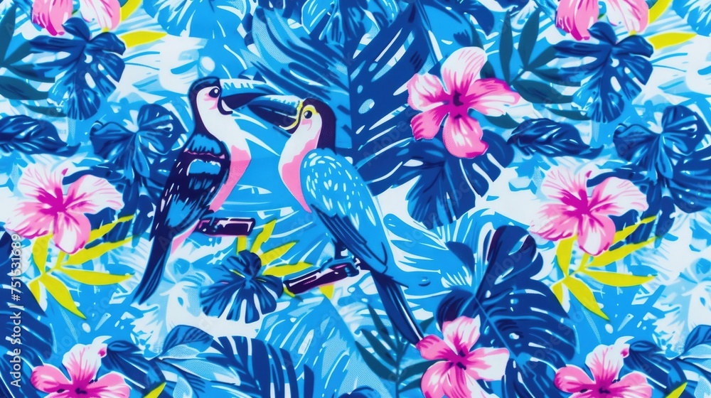 A tropical print with birds and flowers - obrazy, fototapety, plakaty 