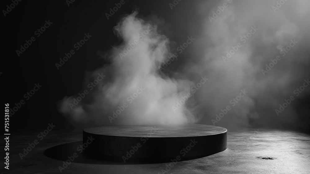 Black magic podium with smoke on a black background