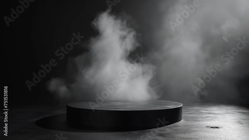 Black magic podium with smoke on a black background