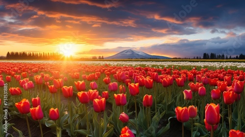 Blooming pink tulips with sunset and clouds over a field #751531885