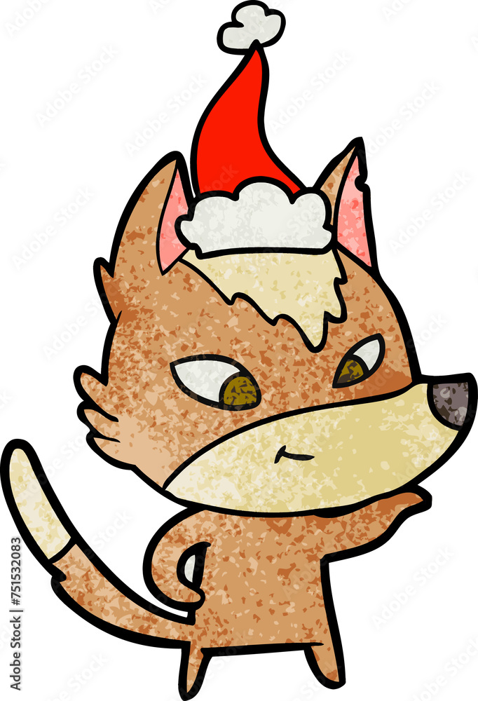 friendly textured cartoon of a wolf wearing santa hat