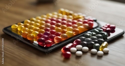  Colorful pills on a wooden surface