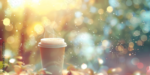 a paper cup of coffee on natural morning sunset background Blurry coffee shop background with vintage tones and bokeh effect