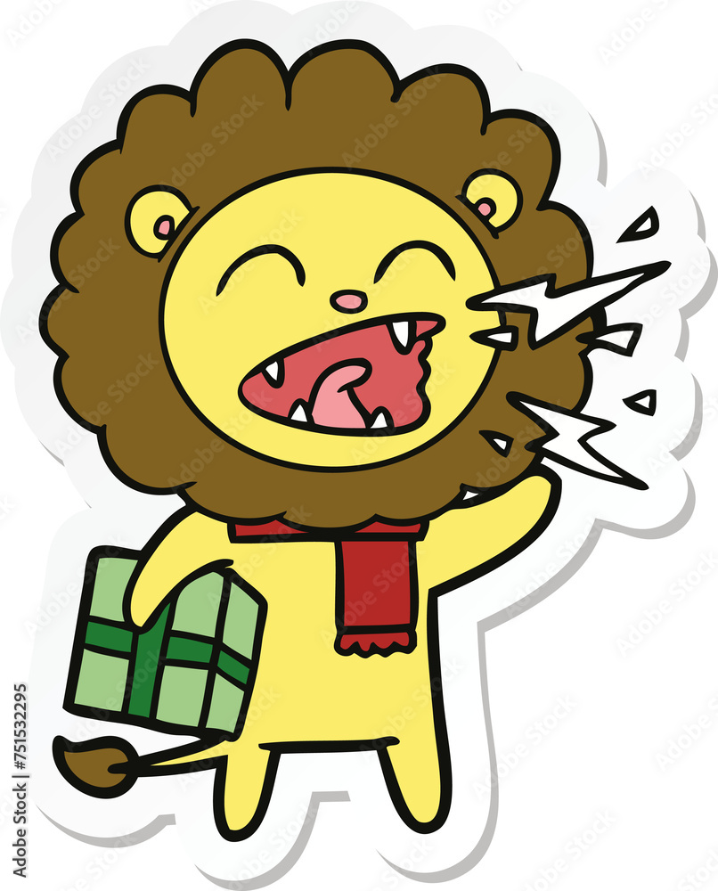 sticker of a cartoon roaring lion with present sticker of a cartoon roaring lion with present