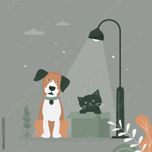 Poster about pet adoptation. Animal care, protection, adoption. Help homeless animals find home, concept banner. Lonely cat and dog waiting for an new owners.
