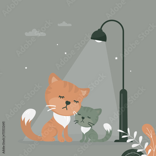 Banner or poster about pet adoptation. Animal care, protection, adoption. Help homeless animals find home concept. Lonely cat and kitty waiting for an owner.
