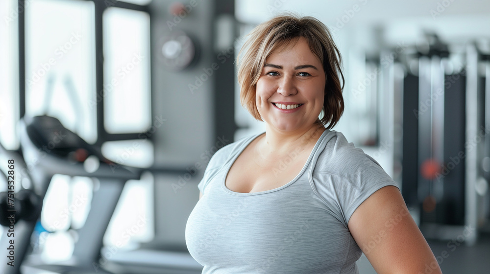 Obraz premium Chubby man and woman standing in the gym. Portrait