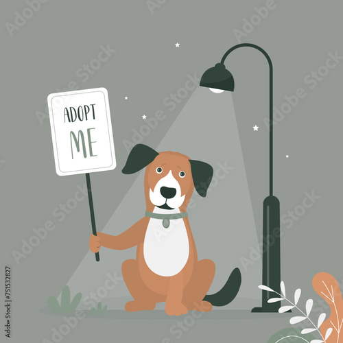 Adopt me - cute dog holds placard. Banner or poster about pet adoptation. Animal care, adoption. Help homeless animals find home concept. Lonely puppy waiting for an owner.