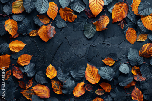 Autumn yellow and orange leaves lie on a black decorative surface. Autumn background for greeting cards, calendars, banners. Free space for text