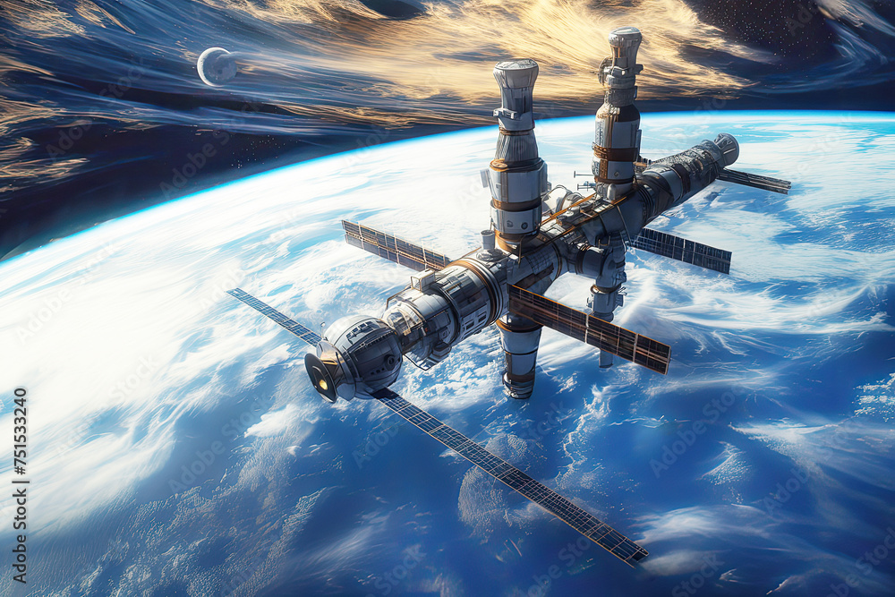 An intricate orbital space station hovers above Earth, with solar panels extended, against a backdrop of space and a distant moon. Concept high technology, video games, marketing and advertising. - obrazy, fototapety, plakaty 