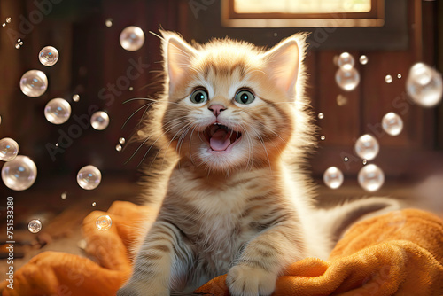 A cute smiling young kitten with striking eyes and a joyous expression plays with floating bubbles in a warm, sunlit room. Concept for children's books, greeting cards, room decor, advertising.