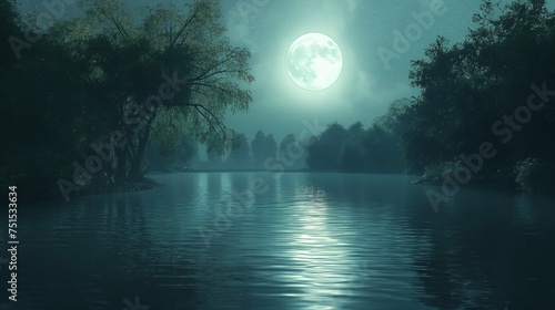 Moonlit reflections on a tranquil river surrounded by trees.