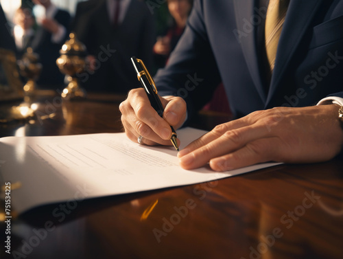 Close up of male politician signing document, sitting by table with his hands over document, during political summit or conference 