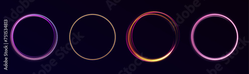 Gradient neon circle frames set. Fire light circles trails of sparkling gold glitter, vector glow flare swirls on transparent background. Magic circle vector. Luminous spiral. round frame.