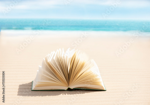 Aufgschlagenes Buch im Sand am Strand