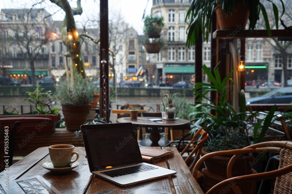 Naklejka premium Coffeehouse workspace with a laptop open for business, a fresh cappuccino ready to sip, amidst a backdrop of casual city life through the window. view to the bustling streets, blending productivity