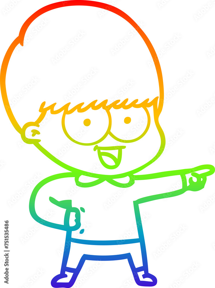 rainbow gradient line drawing happy cartoon boy pointing