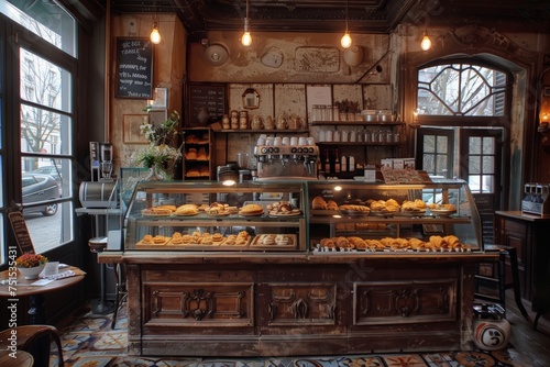 Artisanal bakery counter with sunlight illuminating the selection of fresh bread and pastries, creating an inviting atmosphere for morning indulgence. Rustic patisserie display with a sunlit backdrop