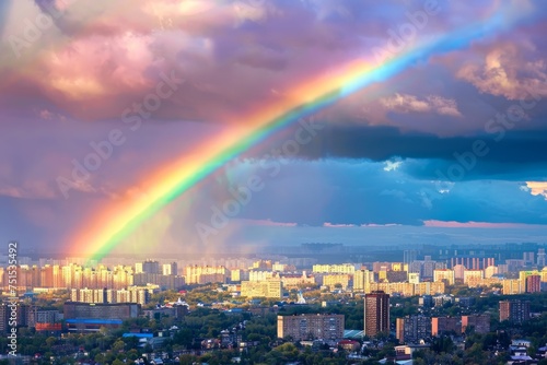 Rainbow Over the City, Rain Bow Sky Town Landscape, Urban Cityscape after Rain, Rainbow