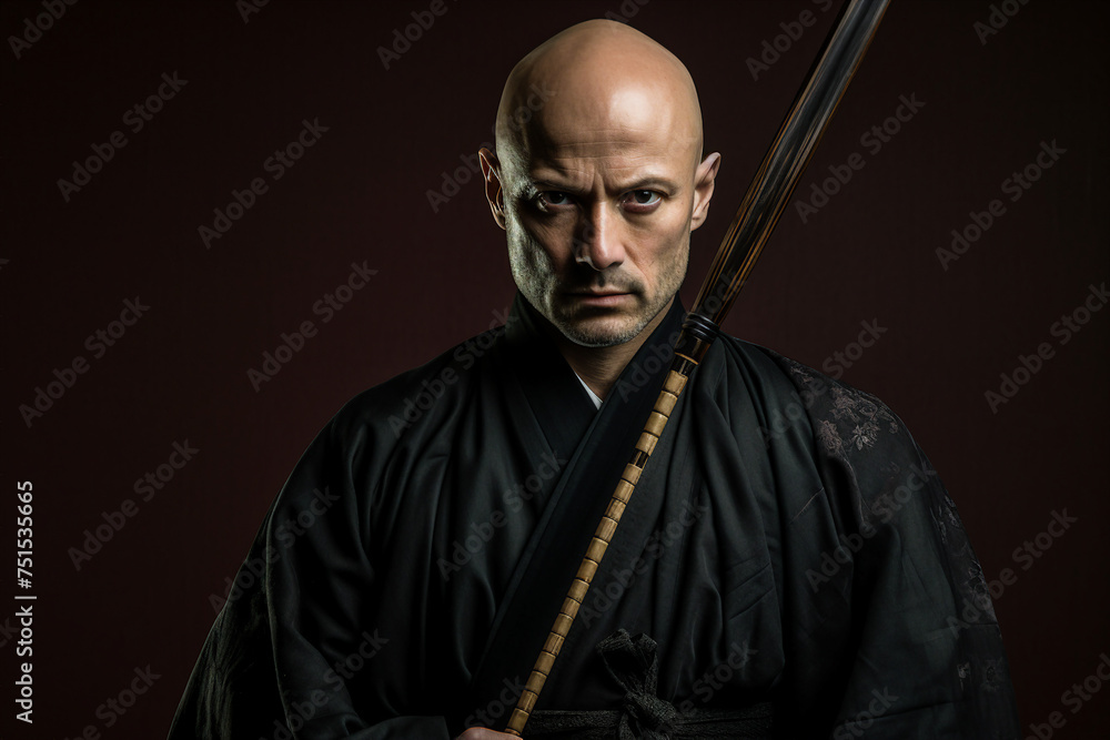 Generative AI image of asian man fighter standing in kimono on dark background Generative AI image of asian man fighter standing in kimono on dark background