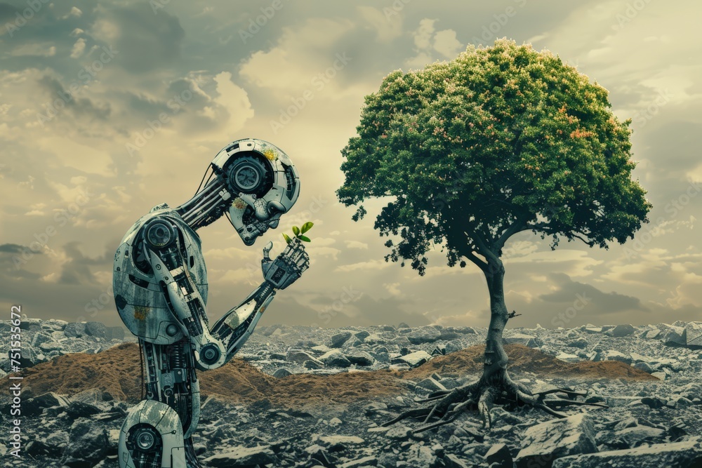 Synthetic humanoid tenderly holds a sapling in a barren landscape, depicting a stark contrast between life and desolation. Robot with gentle touch cradles young plant against backdrop of devastation, Synthetic humanoid tenderly holds a sapling in a barren landscape, depicting a stark contrast between life and desolation. Robot with gentle touch cradles young plant against backdrop of devastation,